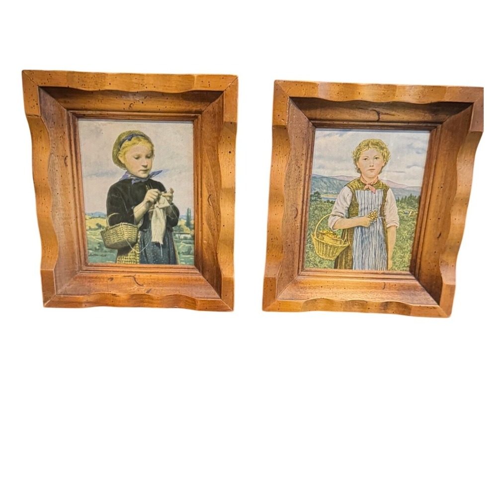 Vintage Albert Anker Portraits Scalloped Wood Frames Strawberry Girl 8x7